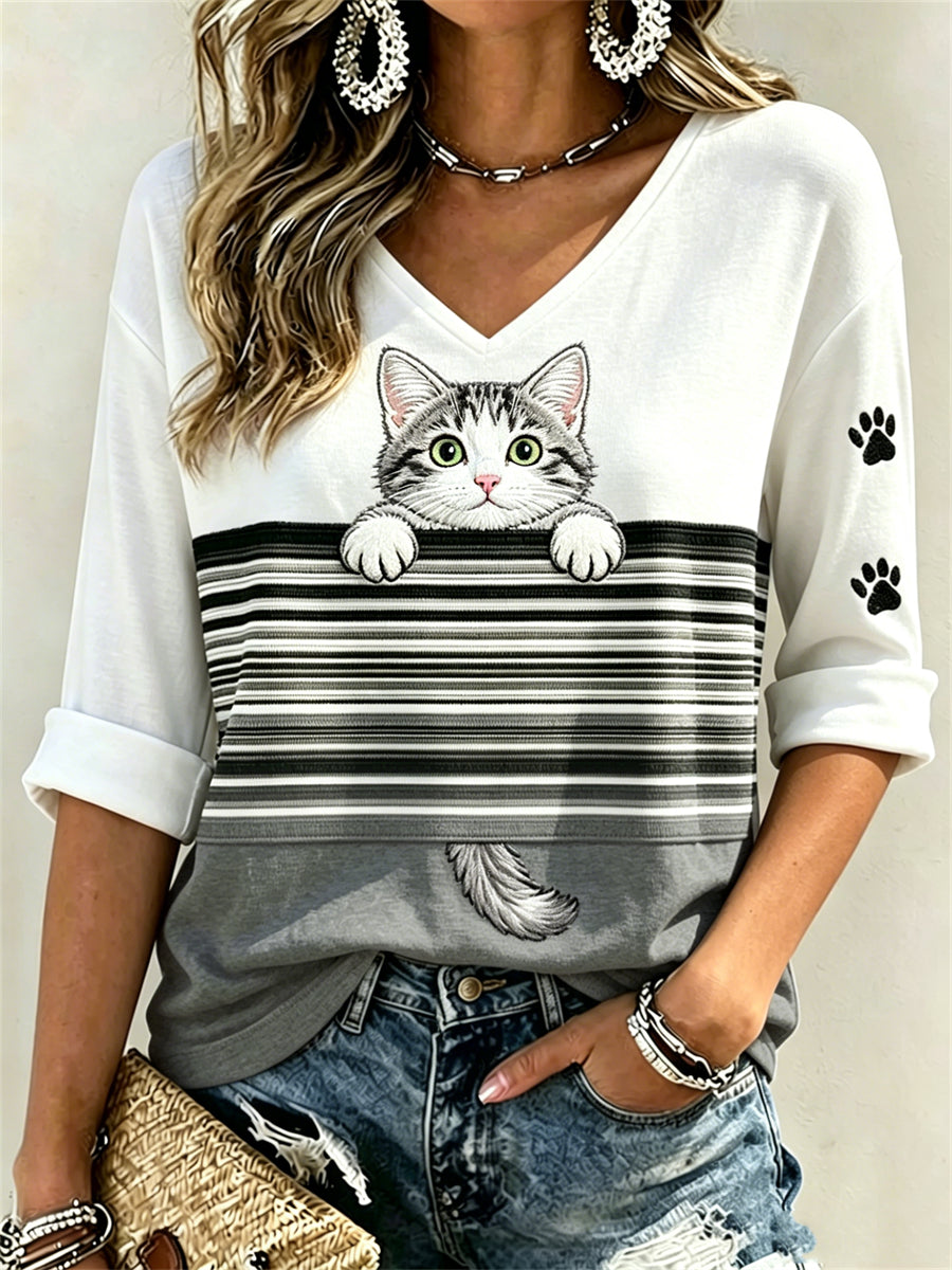 Damen Peeking American Kurzhaar Katze & Pfote Drucke Color block Print Mittellange Ärmel V-Ausschnitt T-Shirt