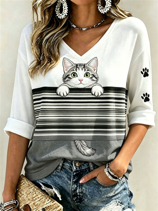 Damen Peeking American Kurzhaar Katze & Pfote Drucke Color block Print Mittellange Ärmel V-Ausschnitt T-Shirt