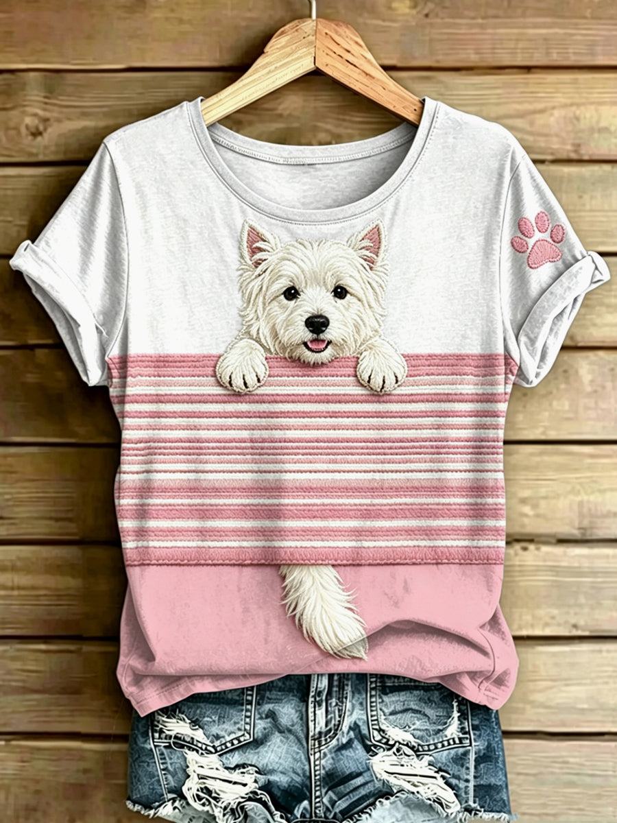 Damen-Hundestreifen bedrucktes Vintage-Mode-Lässiges Kurzarm-T-Shirt
