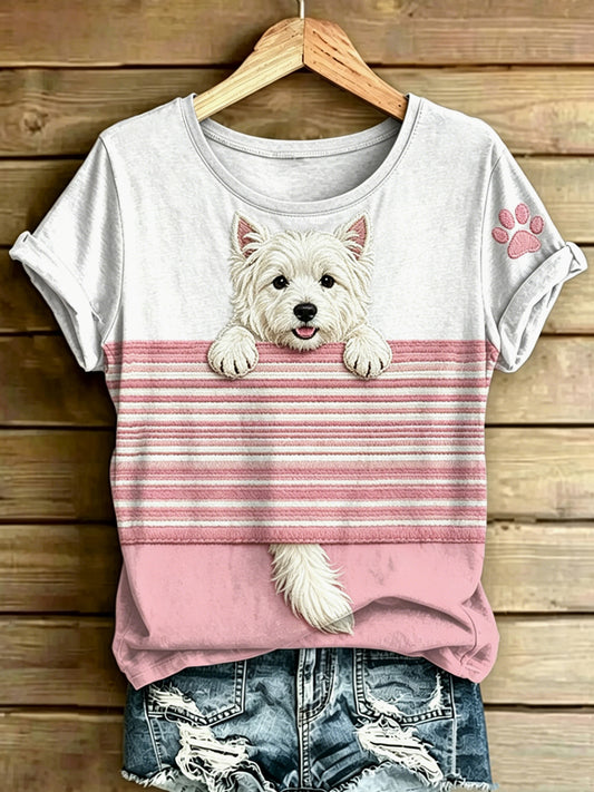 Damen-Hundestreifen bedrucktes Vintage-Mode-Lässiges Kurzarm-T-Shirt