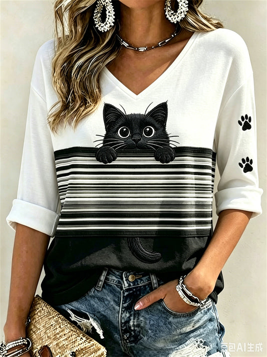 Damen Peeking Black Cat & Paw Prints Color block Print Mittellange Ärmel V-Ausschnitt T-Shirt