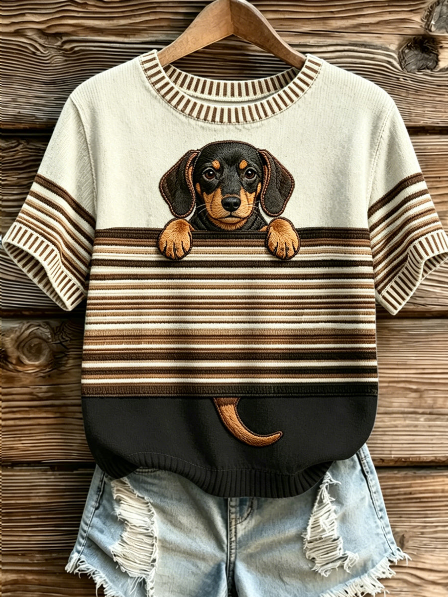 Damen-Hundestreifen bedrucktes Vintage-Mode-Lässiges Kurzarm-T-Shirt