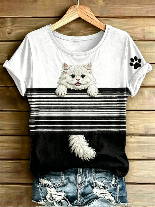 Damen Katzen streifen bedruckt Vintage Mode Lose Kurzarm T-Shirt
