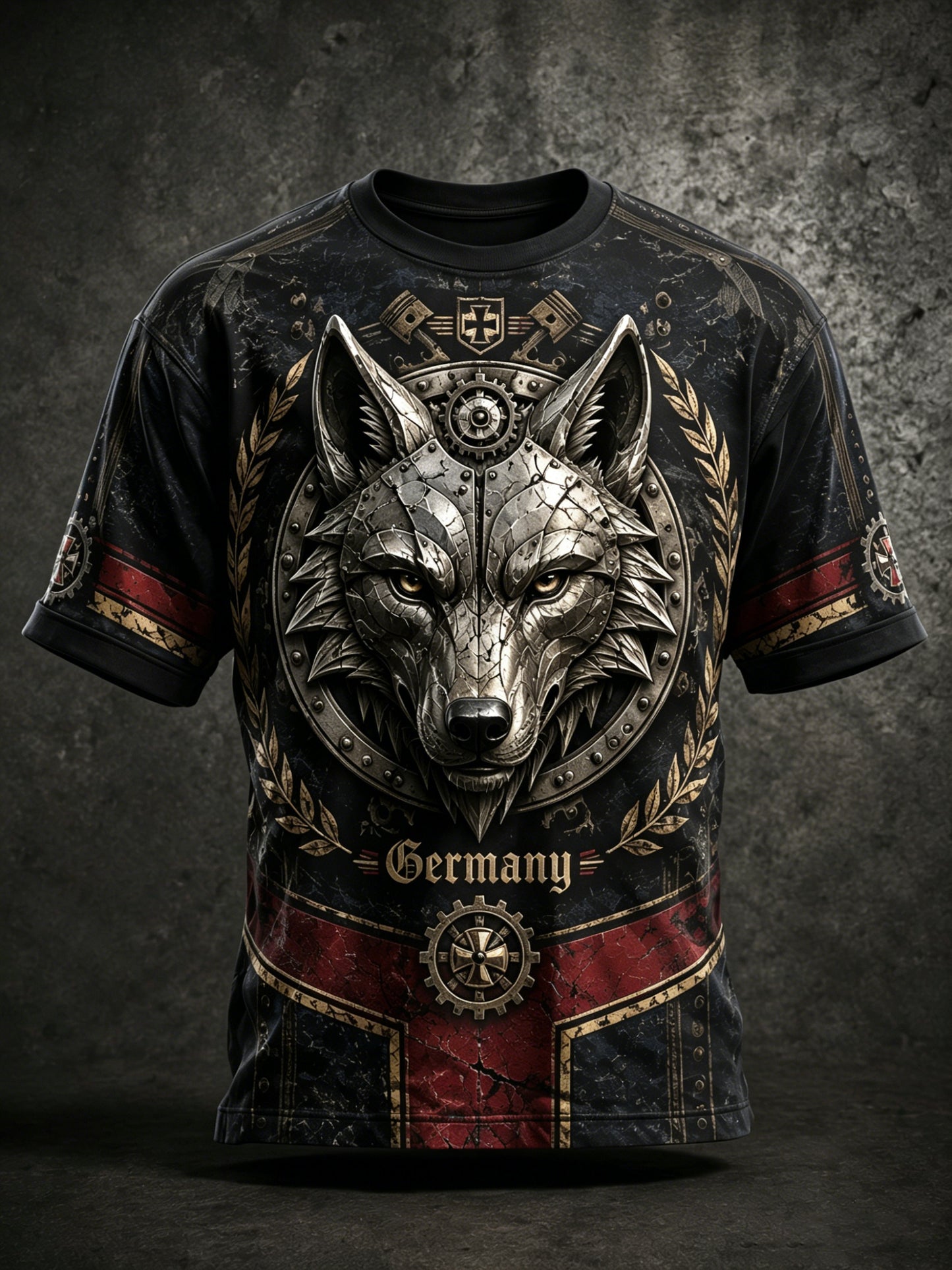 Herren-T-Shirt mit industrieller Wolf-Art-Print-Grafik im deutschen Stil