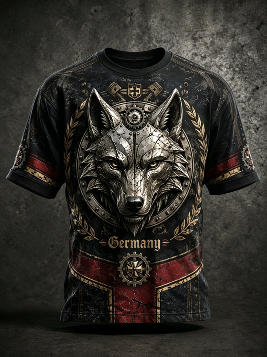 Herren-T-Shirt mit industrieller Wolf-Art-Print-Grafik im deutschen Stil