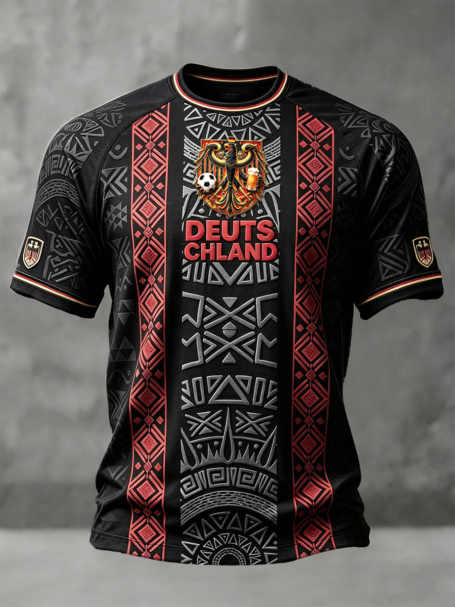 Herren-T-Shirt in Schwarz mit deutschem Fußball-Retro-Print, lässiger Drop‑Shoulder‑Schnitt