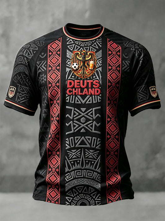 Herren-T-Shirt in Schwarz mit deutschem Fußball-Retro-Print, lässiger Drop‑Shoulder‑Schnitt