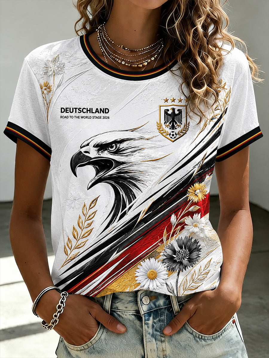 Damen-T-Shirt mit kurzen Ärmeln und Adler- sowie Fußball-Print