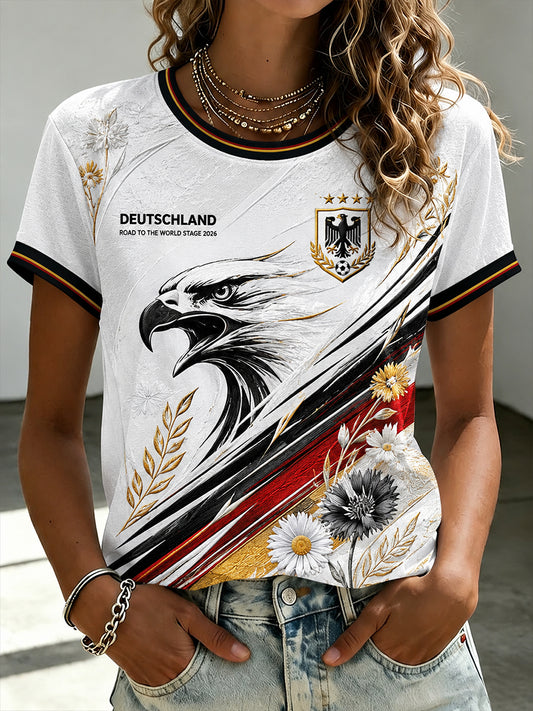 Damen-T-Shirt mit kurzen Ärmeln und Adler- sowie Fußball-Print