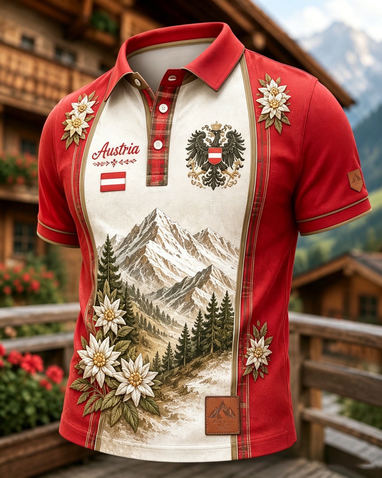 Herren-Poloshirt mit Kunstdruck im österreichischen Landschaftsstil