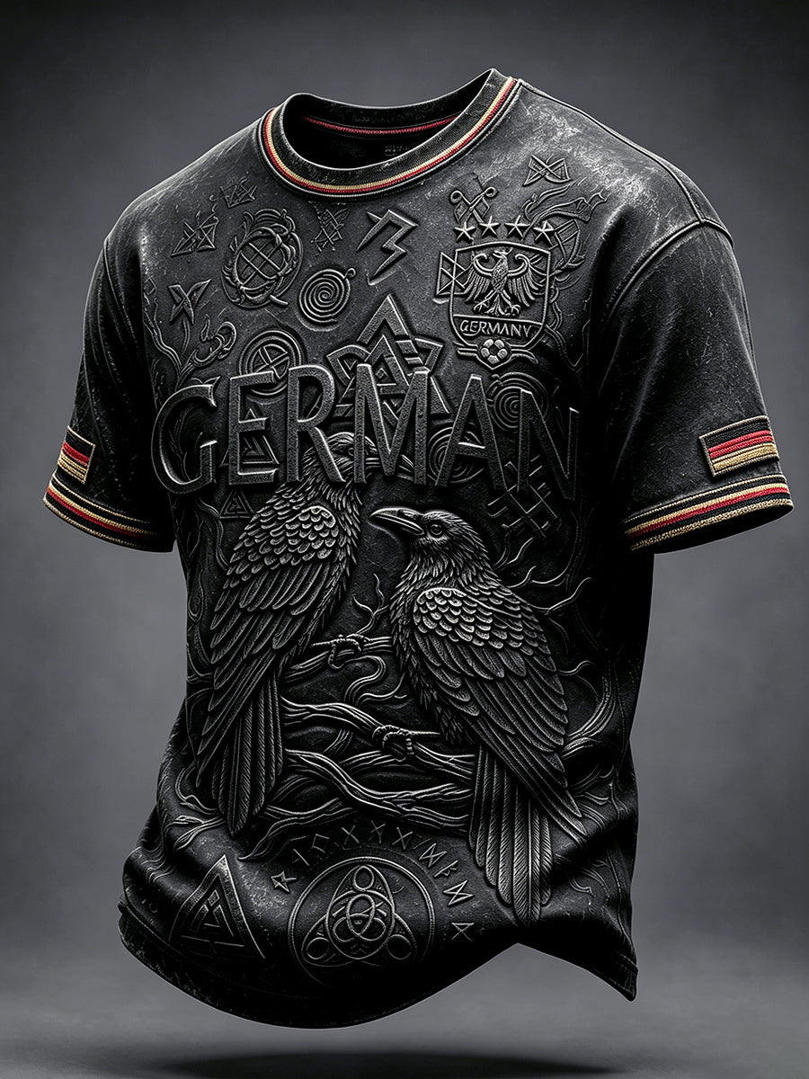 Herren-T-Shirt in Schwarz mit 3D-Druckmotiv zum deutschen Fußball, lässiger Style