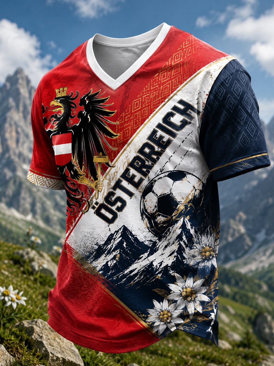 Herren-T-Shirt mit V-Ausschnitt und Kunstdruck zum Anfeuern bei österreichischen Fußballspielen