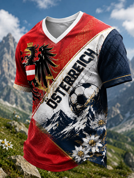 Herren-T-Shirt mit V-Ausschnitt und Kunstdruck zum Anfeuern bei österreichischen Fußballspielen
