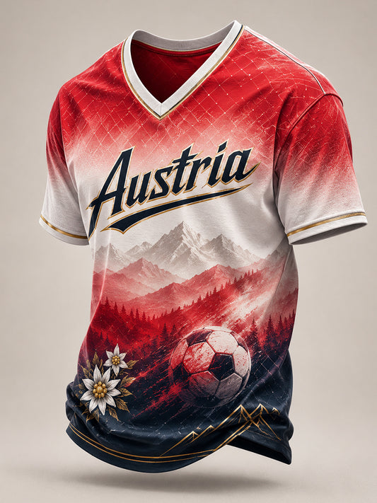 Herren-T-Shirt mit V-Ausschnitt und Kunstdruck zum Anfeuern bei österreichischen Fußballspielen