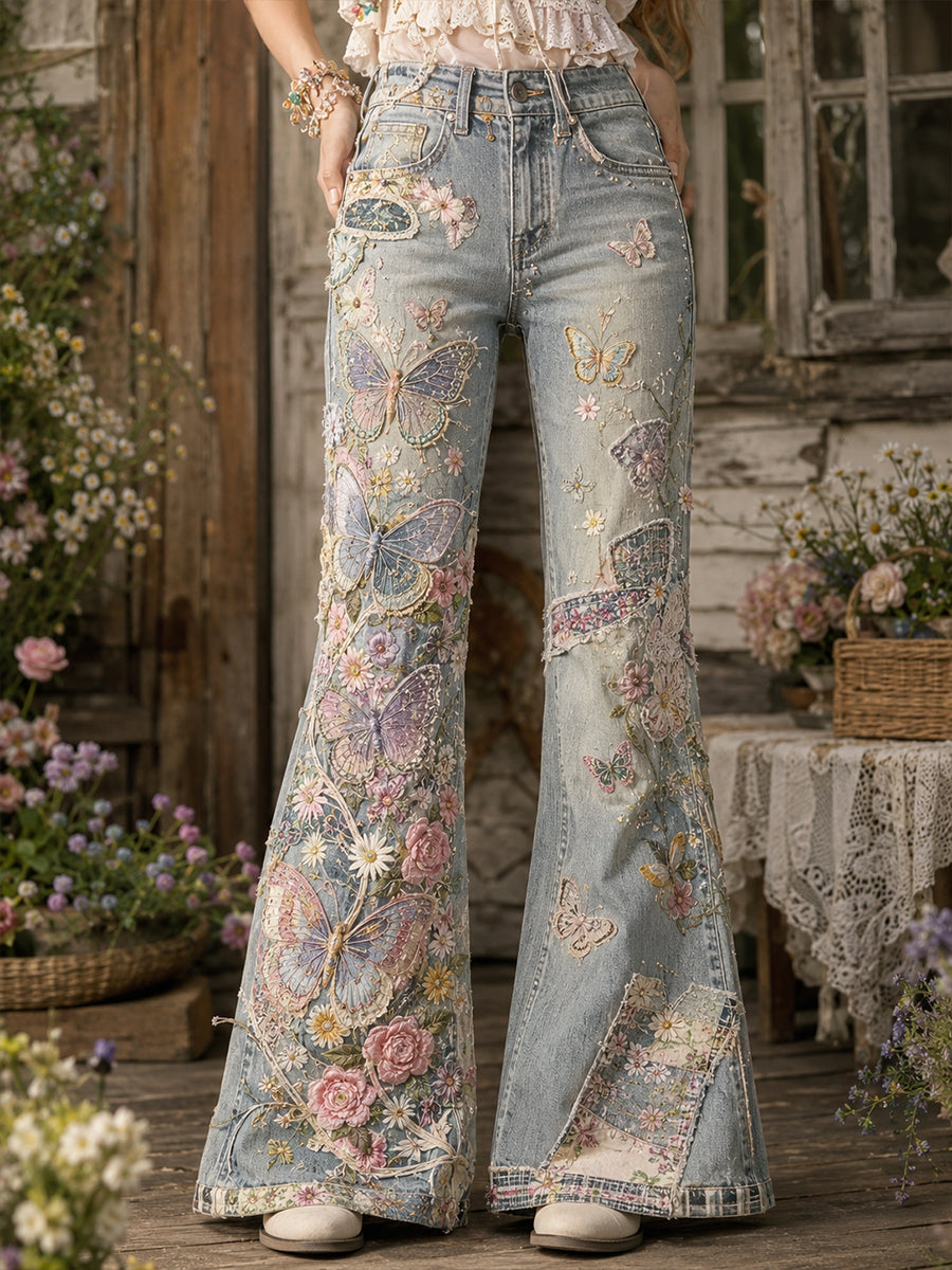 Damen-Hose im Vintage-Stil mit Patchwork- und floralen Schmetterlingsmotiven, ausgestellt geschnitten