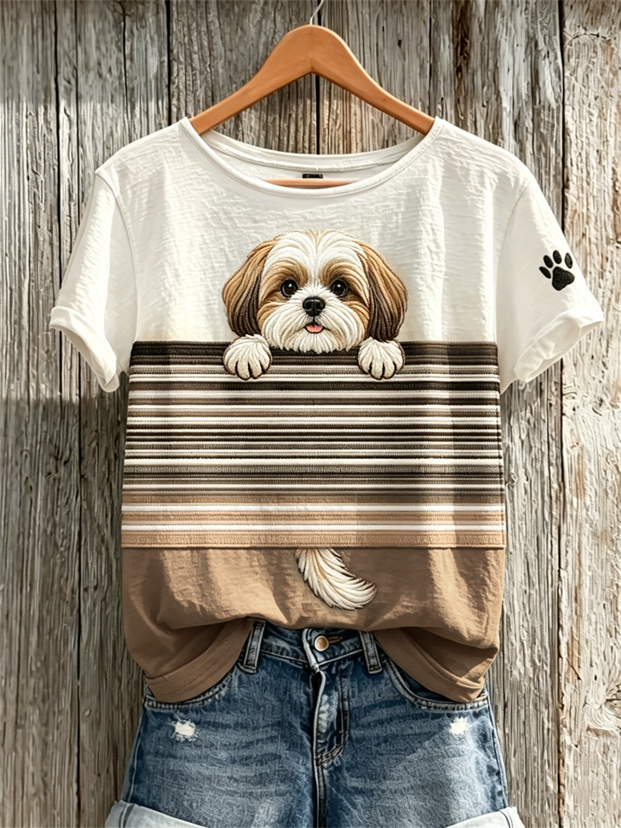 Damen Peeking Shih Tzu Dog & Paw Print Color block Print Kurzarm T-Shirt