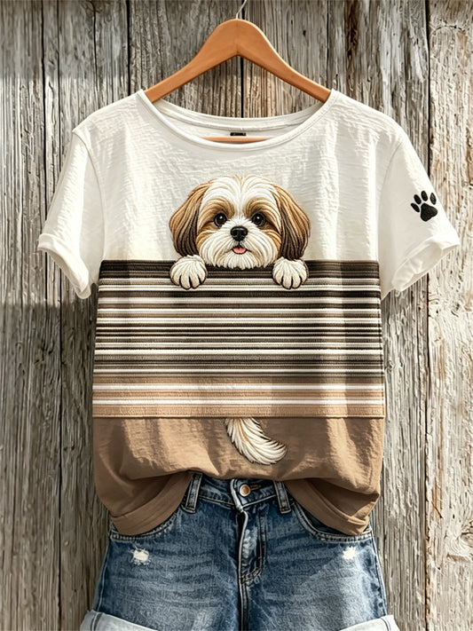 Damen Peeking Shih Tzu Dog & Paw Print Color block Print Kurzarm T-Shirt
