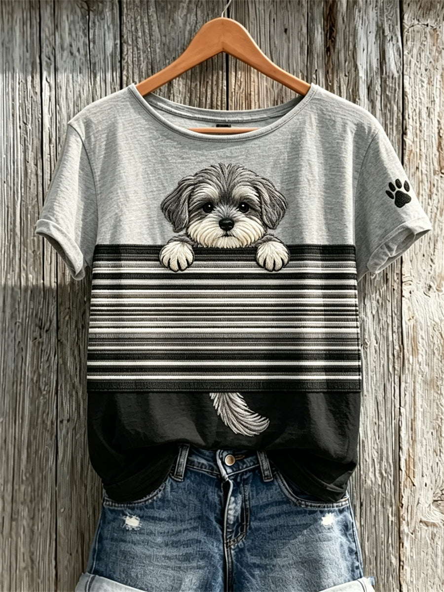 Damen Peeking Schnauzer Dog & Paw Print Color block Print Kurzarm T-Shirt