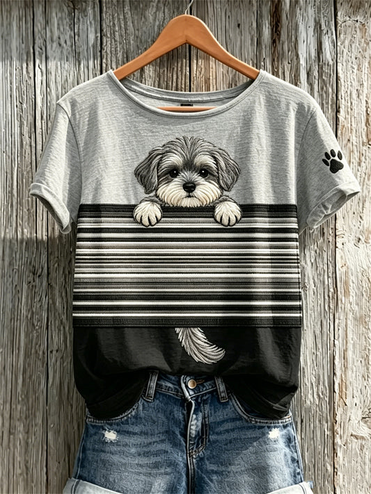 Damen Peeking Schnauzer Dog & Paw Print Color block Print Kurzarm T-Shirt