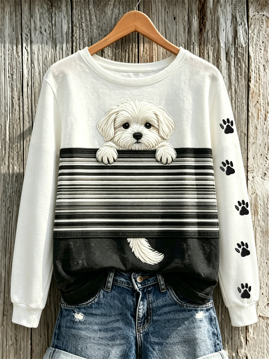Frauen Peeking Malteser Hund & Pfote Drucke Color block Print Sweatshirt