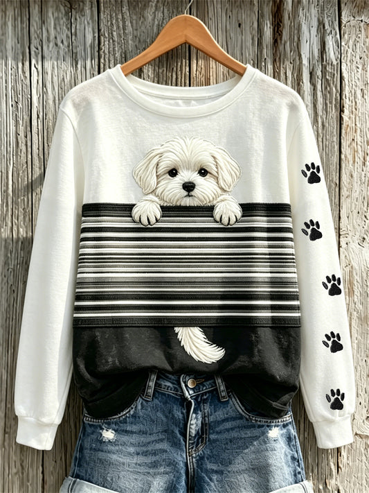 Frauen Peeking Malteser Hund & Pfote Drucke Color block Print Sweatshirt