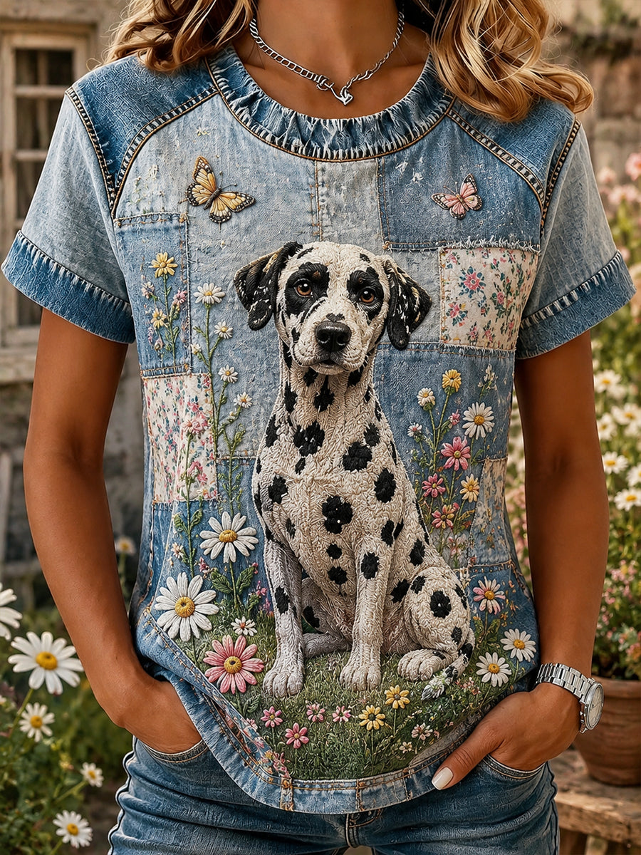 Damen-T-Shirt im Vintage-Stil mit Patchwork- und floralen Dalmatiner-Print, lässig, kurzärmelig