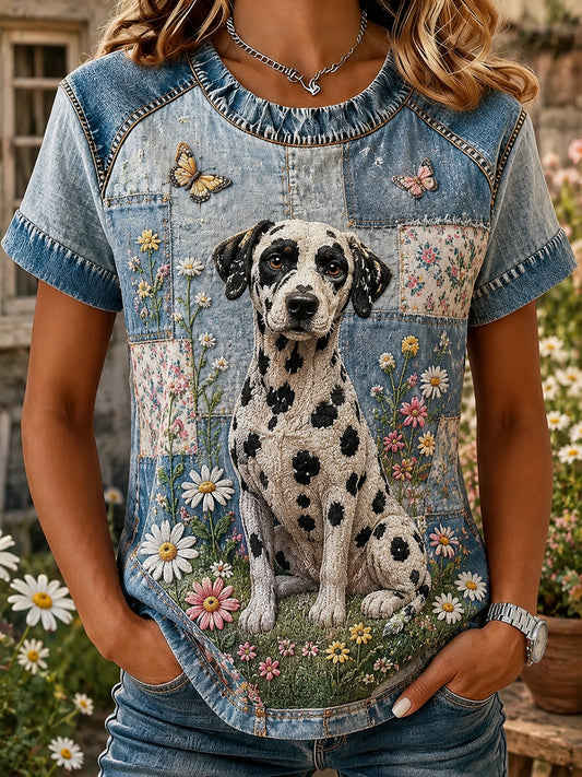 Damen-T-Shirt im Vintage-Stil mit Patchwork- und floralen Dalmatiner-Print, lässig, kurzärmelig