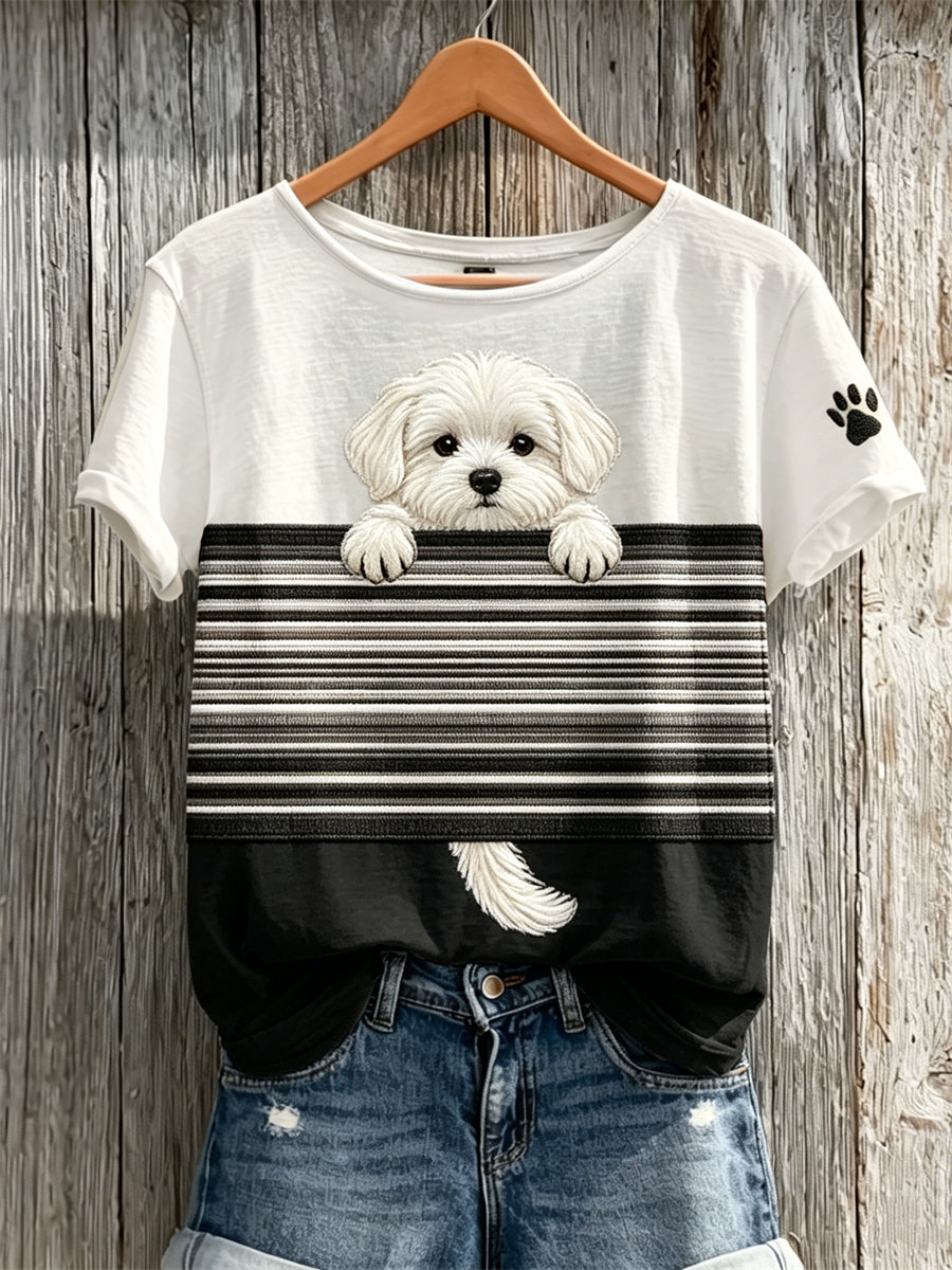 Damen-T-Shirt mit Farbblock-Print und aus dem Ärmel guckendem Malteser-Hund, kurze Ärmel