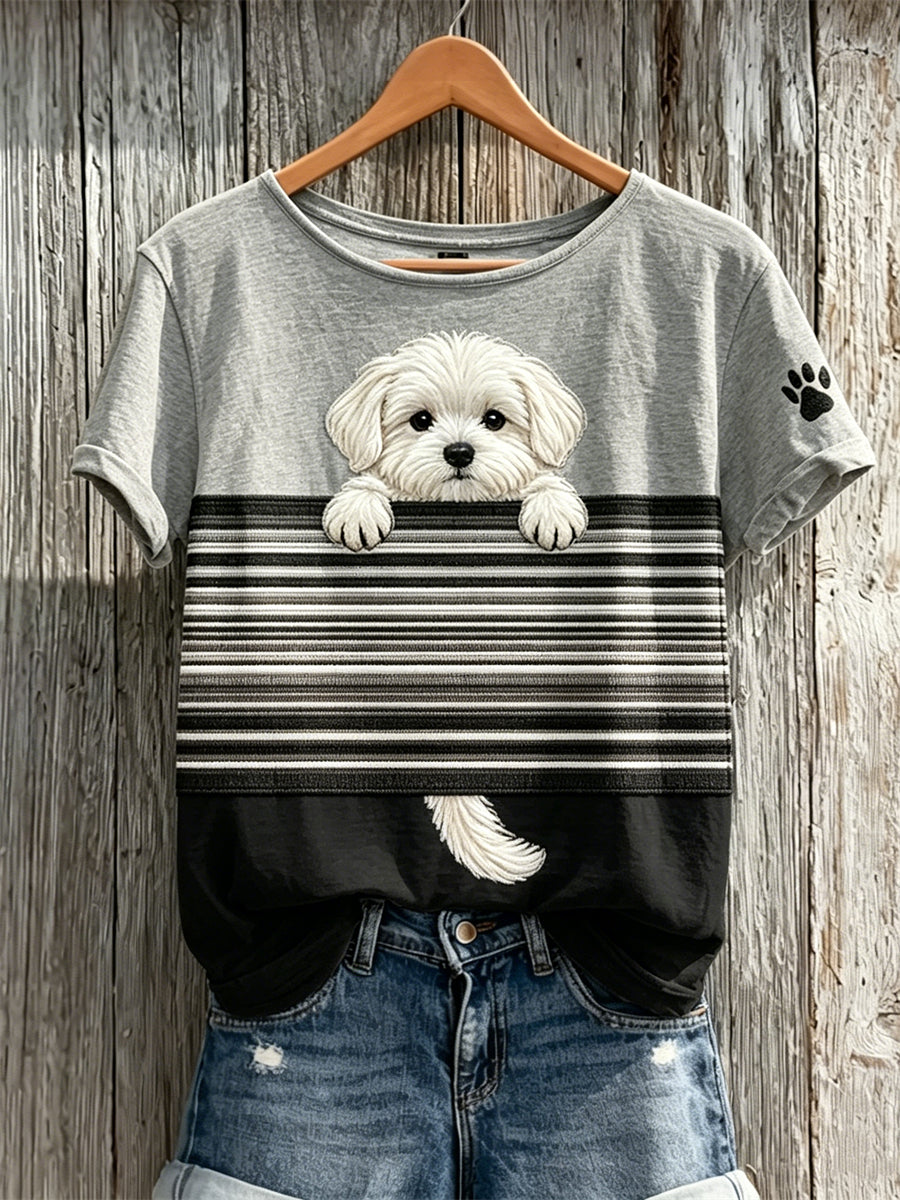 Damen-T-Shirt mit Farbblock-Print und aus dem Ärmel guckendem Malteser-Hund, kurze Ärmel