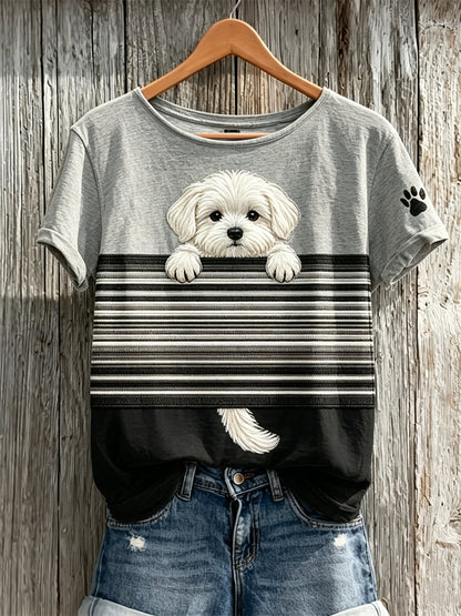 Damen-T-Shirt mit Farbblock-Print und aus dem Ärmel guckendem Malteser-Hund, kurze Ärmel