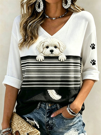 Frauen Peeking Malteser Hund & Pfote Drucke Color block Print Mittellange Ärmel V-Ausschnitt T-Shirt