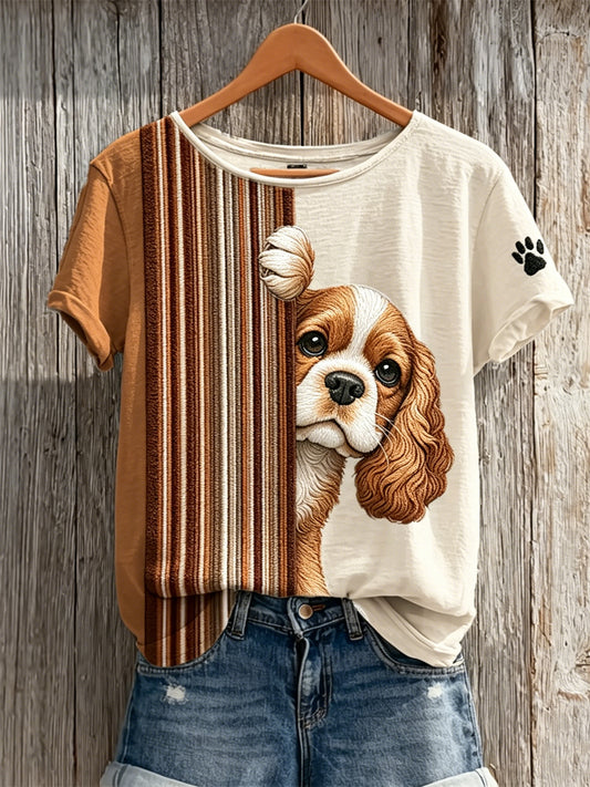 Damen Peeking King Charles Spaniel Dog & Paw Print Color block Print Kurzarm T-Shirt