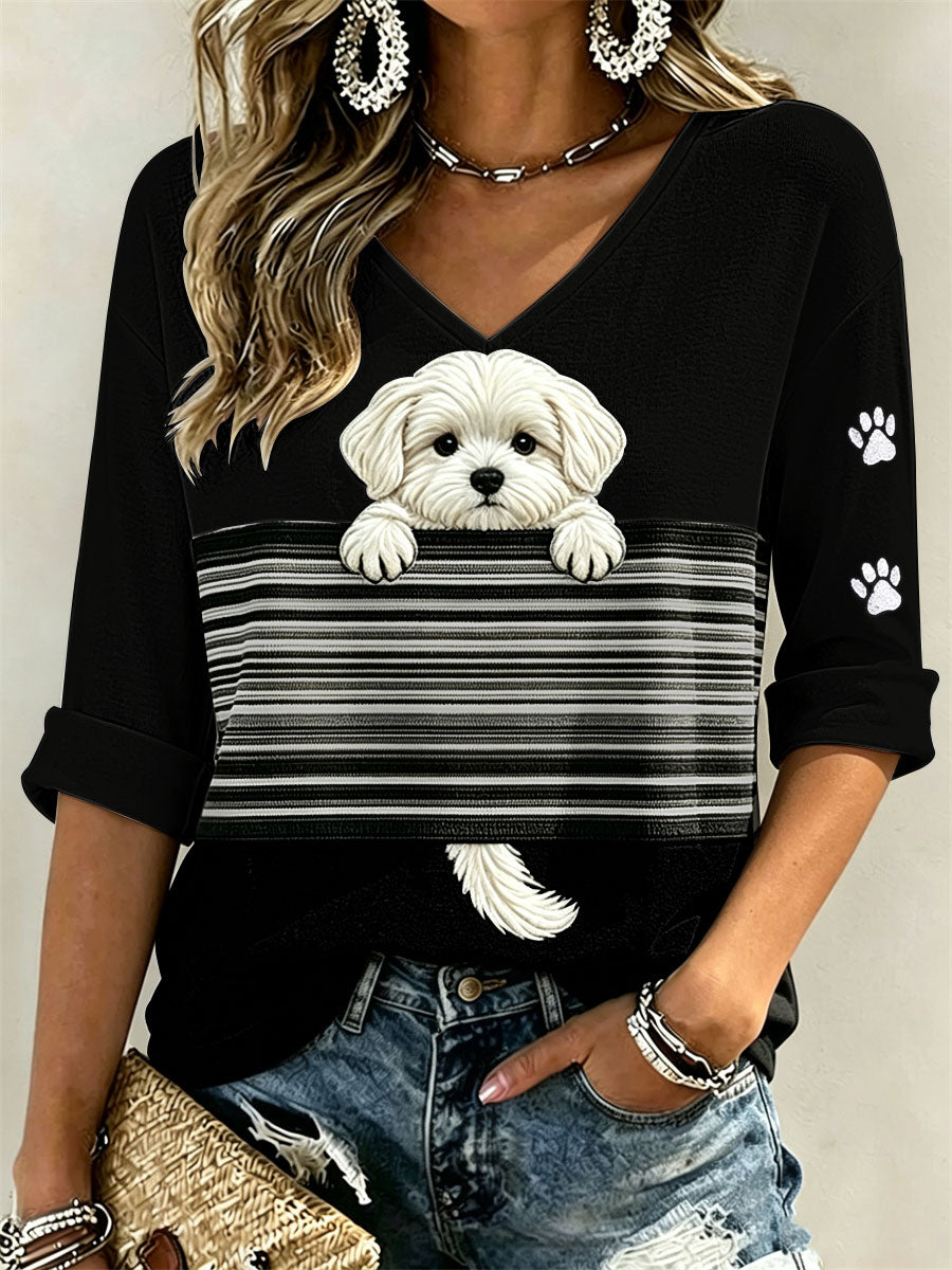 Frauen Peeking Malteser Hund & Pfote Drucke Color block Print Mittellange Ärmel V-Ausschnitt T-Shirt