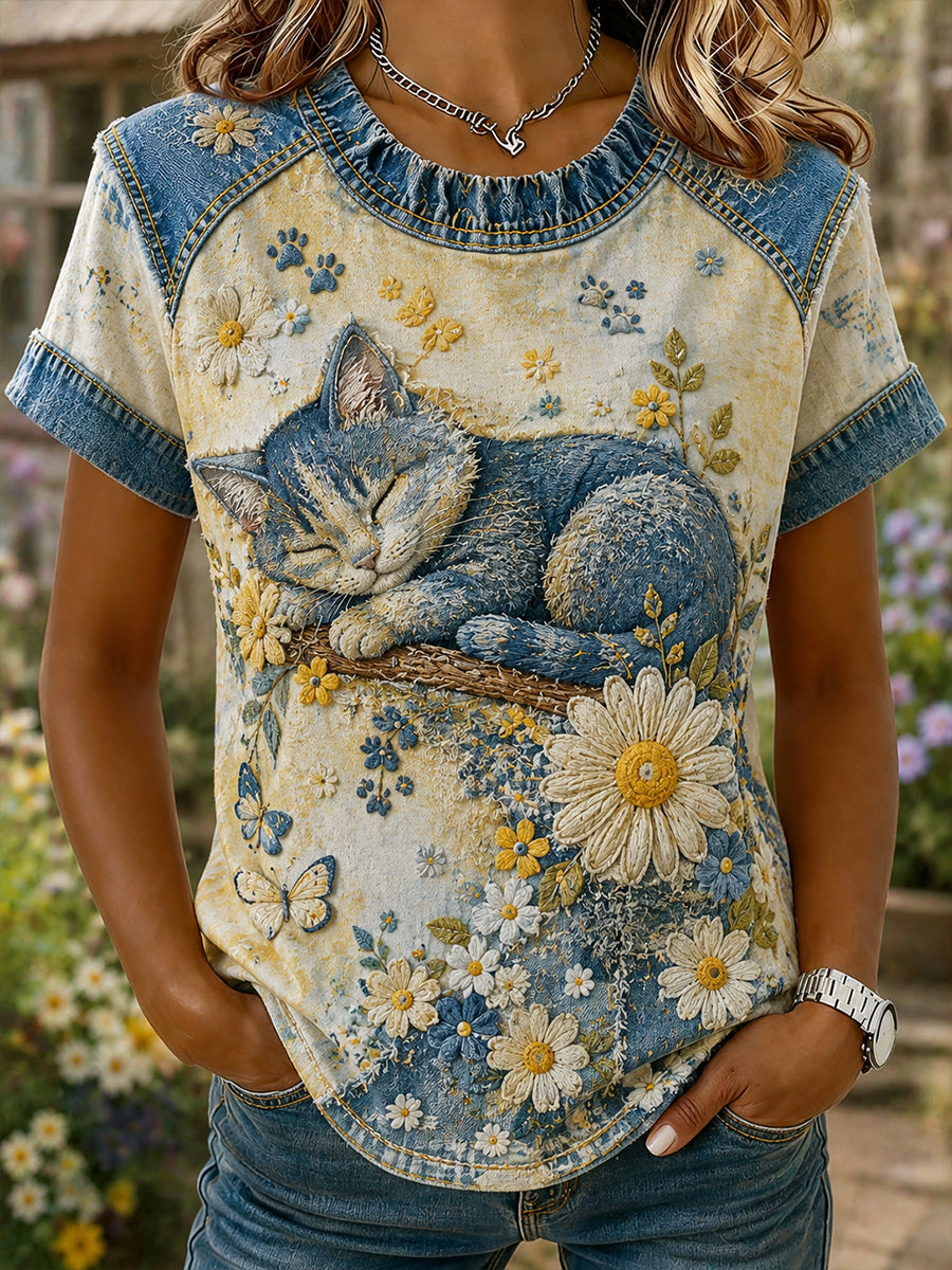 Damen-Vintage-Patchwork-T-Shirt mit blumigem Gänseblümchen- und Schmetterlingsmuster, lässiger Schnitt, kurze Ärmel