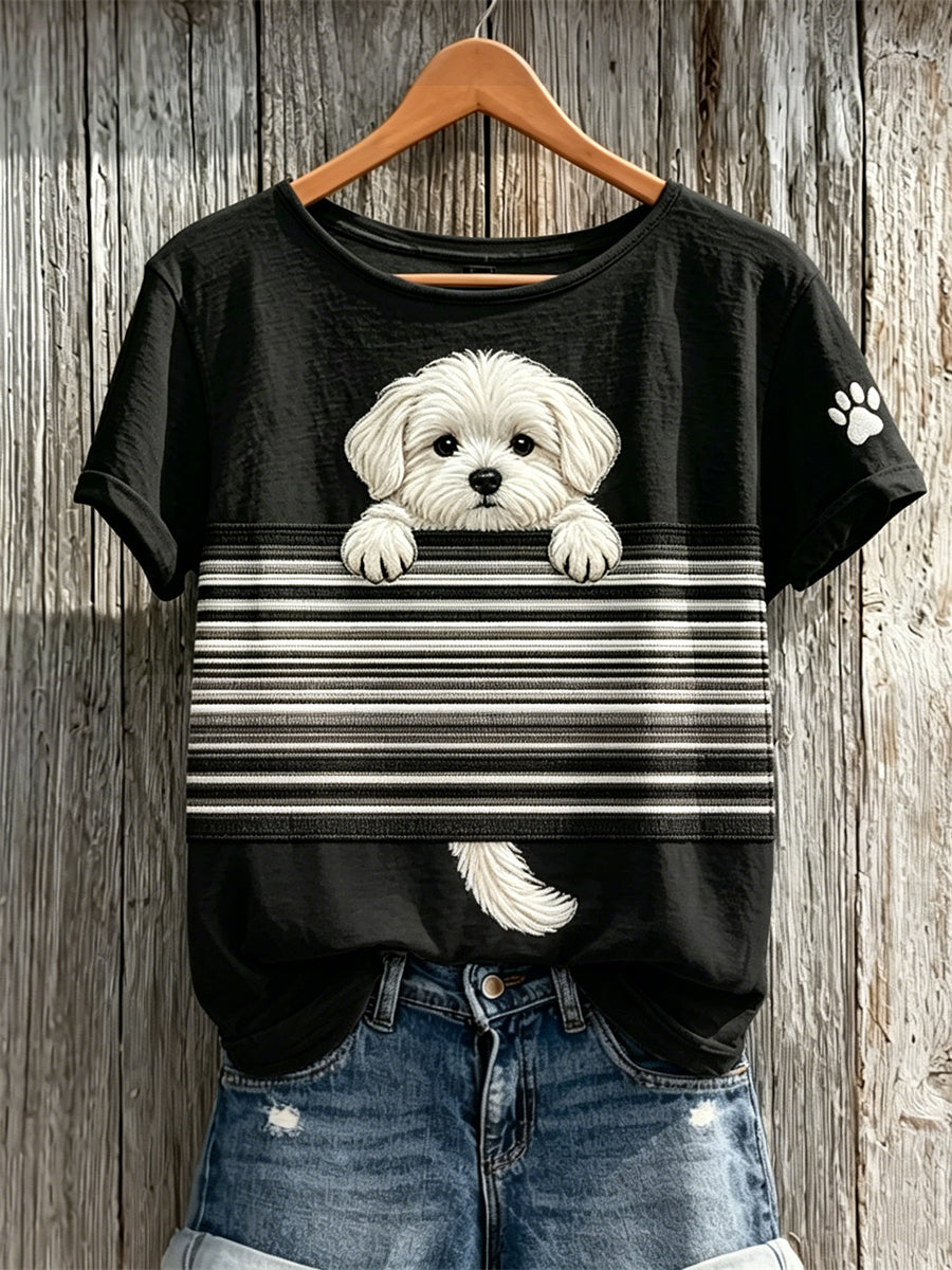 Damen-T-Shirt mit Farbblock-Print und aus dem Ärmel guckendem Malteser-Hund, kurze Ärmel