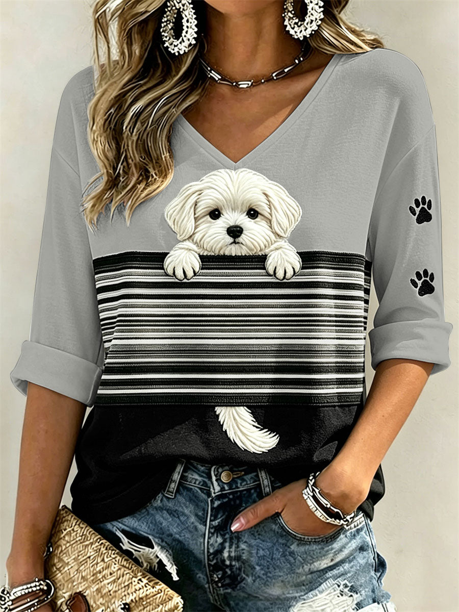 Frauen Peeking Malteser Hund & Pfote Drucke Color block Print Mittellange Ärmel V-Ausschnitt T-Shirt