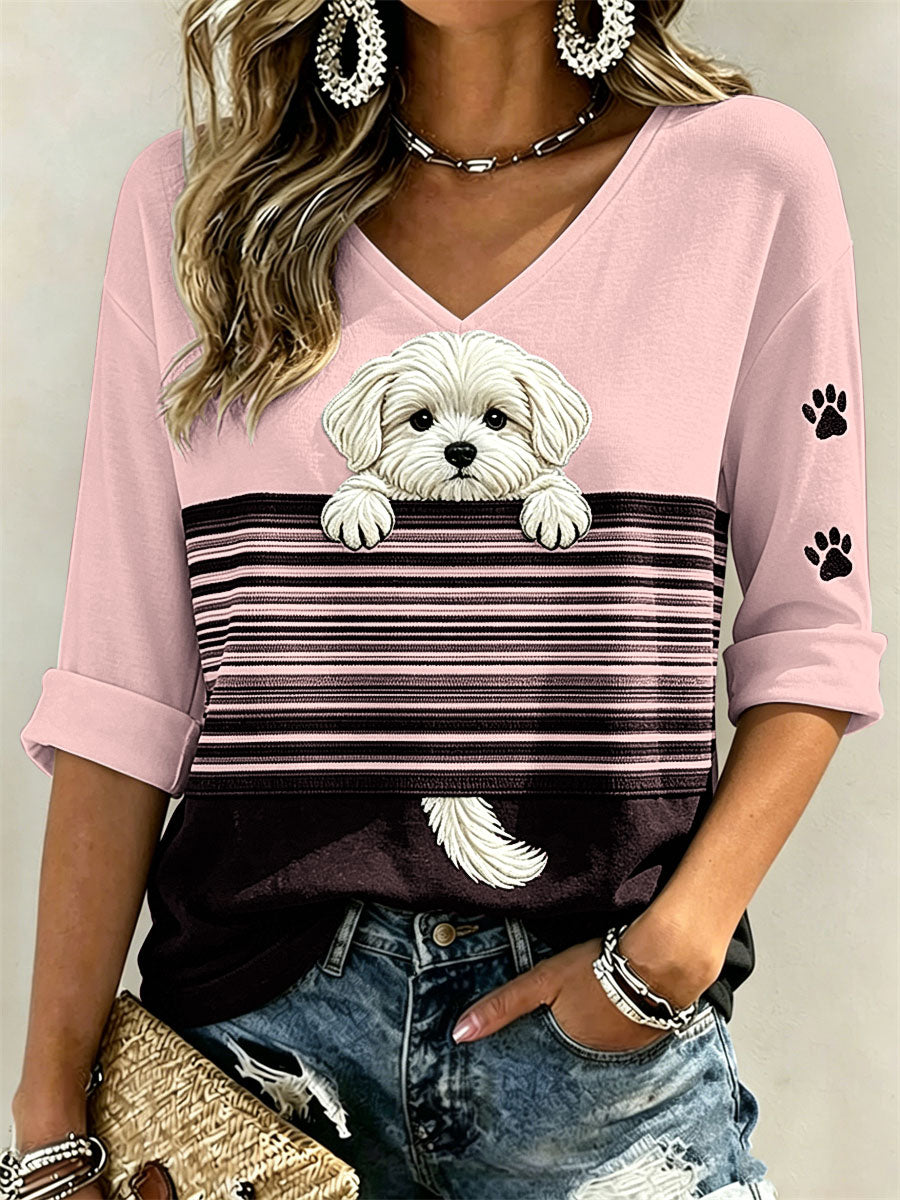 Frauen Peeking Malteser Hund & Pfote Drucke Color block Print Mittellange Ärmel V-Ausschnitt T-Shirt