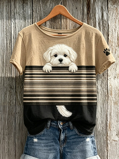 Damen-T-Shirt mit Farbblock-Print und aus dem Ärmel guckendem Malteser-Hund, kurze Ärmel