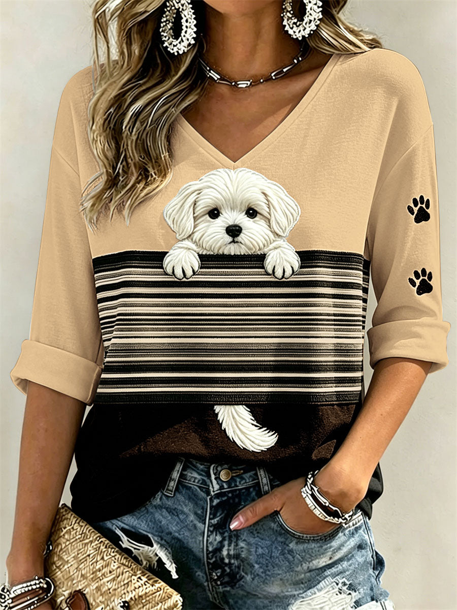Frauen Peeking Malteser Hund & Pfote Drucke Color block Print Mittellange Ärmel V-Ausschnitt T-Shirt