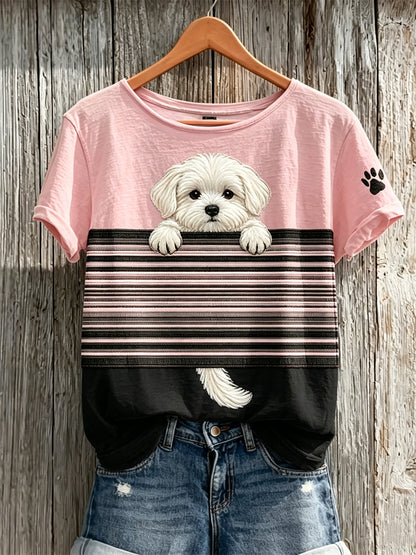 Damen-T-Shirt mit Farbblock-Print und aus dem Ärmel guckendem Malteser-Hund, kurze Ärmel