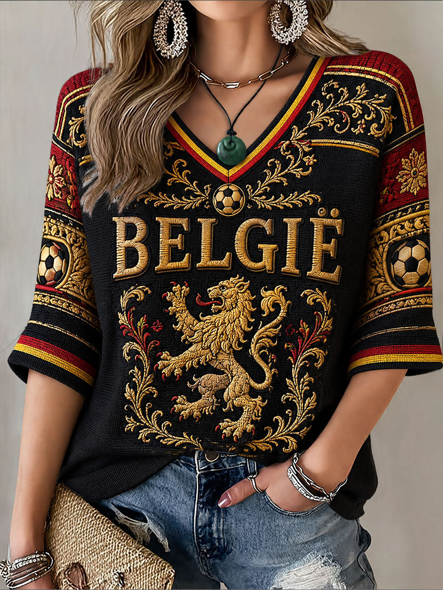 Frauen Belgien Fußball Mittellänge Ärmel V-Ausschnitt T-Shirt