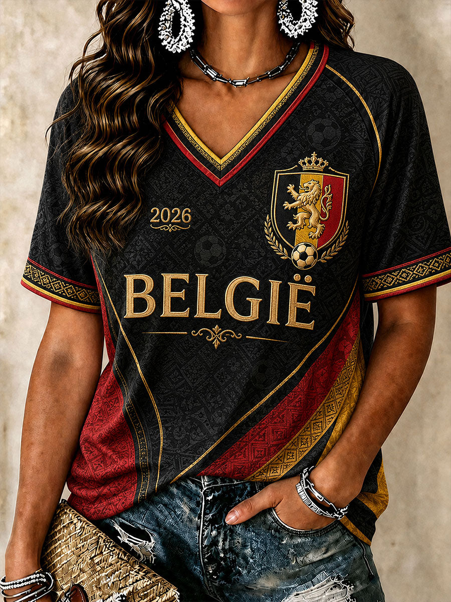 Frauen Belgien Fußball T-Shirt mit V-Ausschnitt