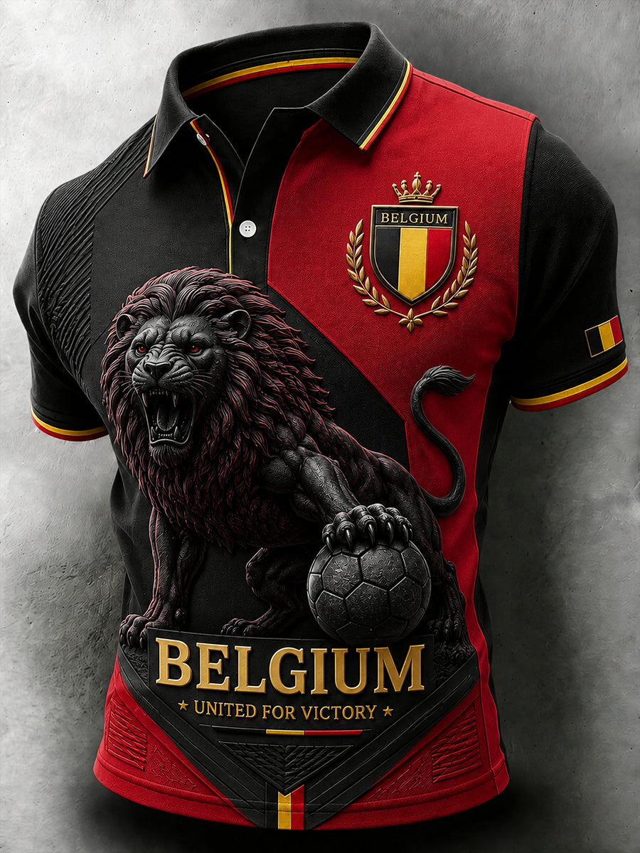 Herren-Poloshirt mit kurzen Ärmeln und Löwen- sowie Fußballmotiv