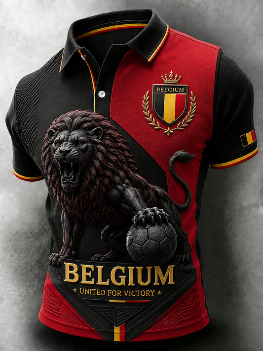 Herren-Poloshirt mit kurzen Ärmeln und Löwen- sowie Fußballmotiv