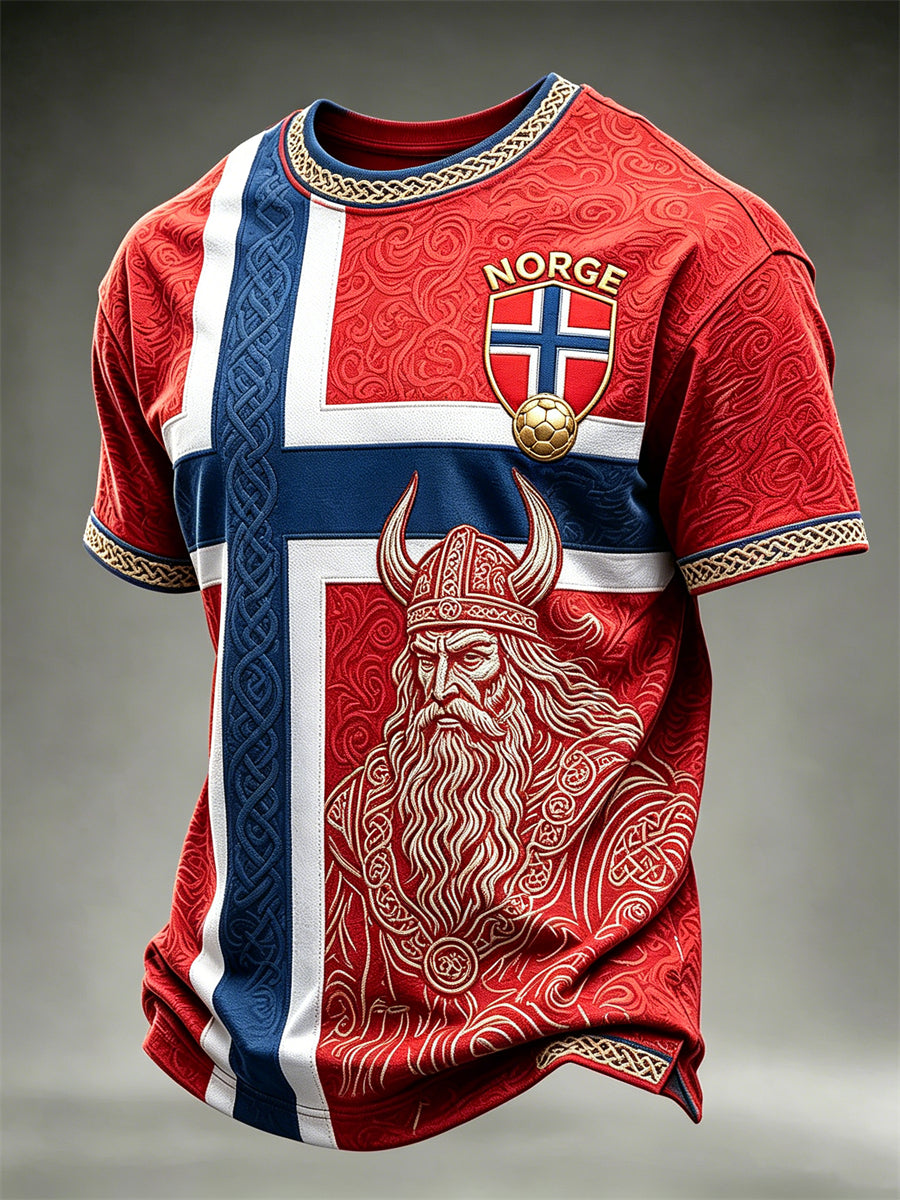 Herren Norge Fußball Wikinger Krieger Keltische Knoten Flagge Color block Print kurze Ärmel T-Shirt