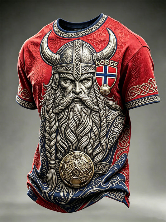 Herren-T-Shirt mit norwegischer Flagge, Wikingerkrieger- und keltischem Knotenmotiv, Farbblock-Print und kurzen Ärmeln