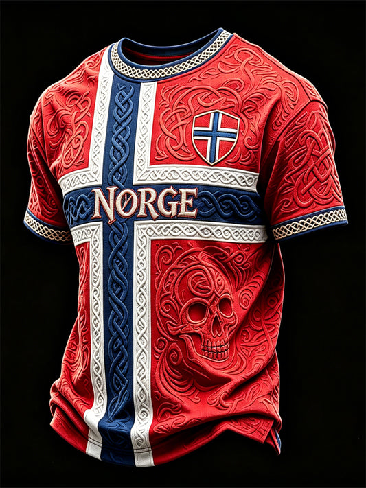 Herren Norge Norge Fußball Wikingers chädel Keltische Knoten Flagge Color block Print kurze Ärmel T-Shirt