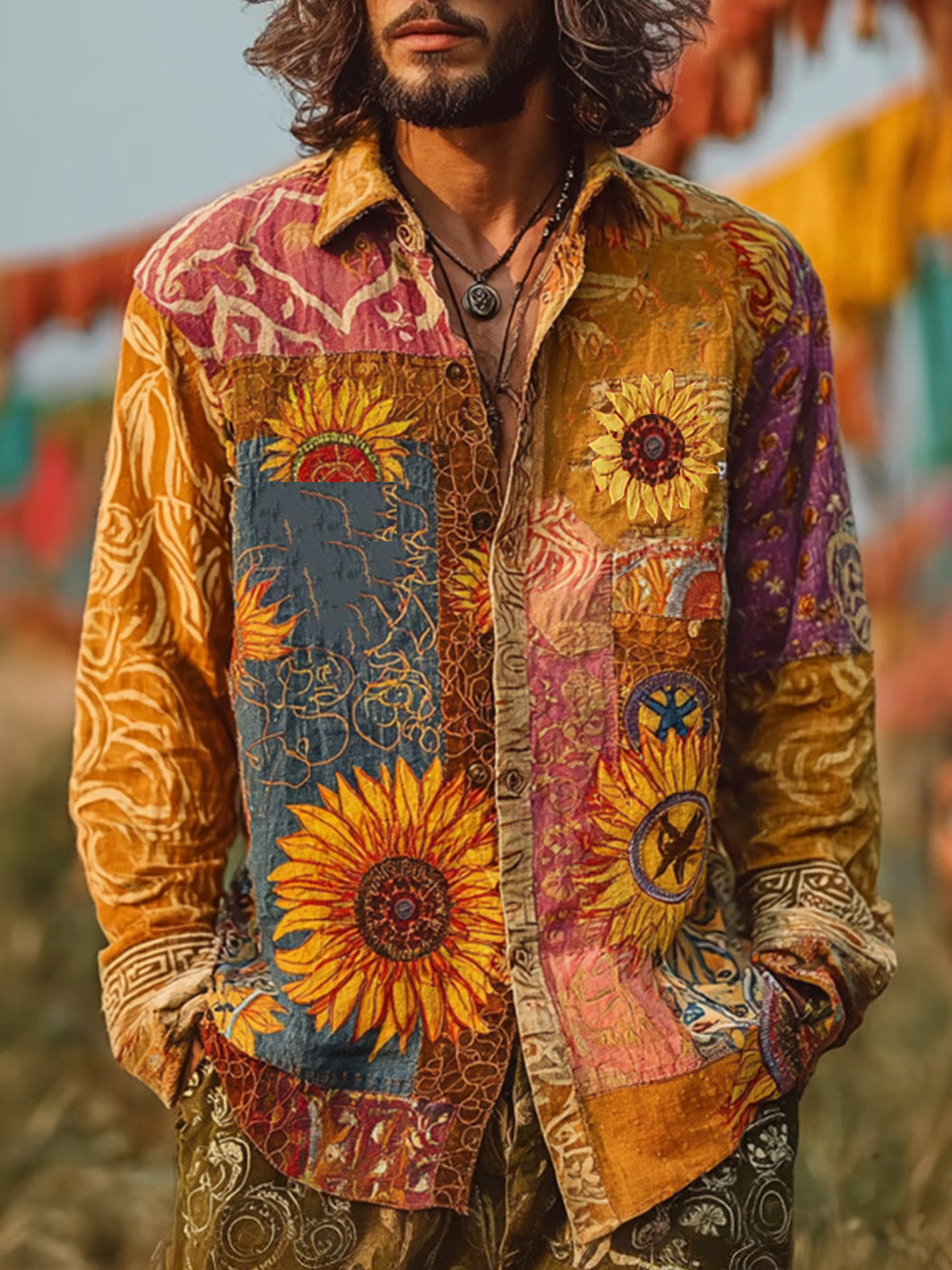 Herren-Hippie-Style-Retro-Shirt mit Muster und langen Ärmeln