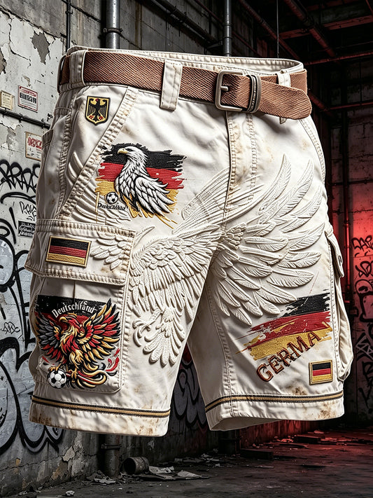 Herren-Vintage-Shorts in Weiß mit deutschem Fußballadler-Print für Freizeit und Arbeit