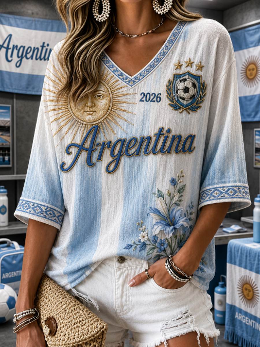 Damen mittellange Ärmel V-Ausschnitt T-Shirt
